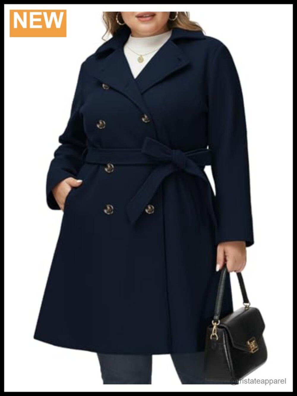 Women's Plus Size Double Breasted Wool Blend Pea Coat with Belted Waist